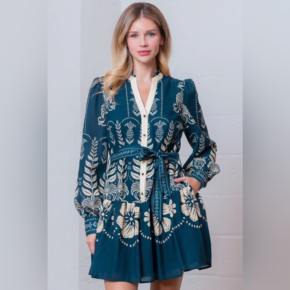 NWT Taelynn Blue Print long sleeve V-neck belted button down Mini Dress - Picture 1 of 6